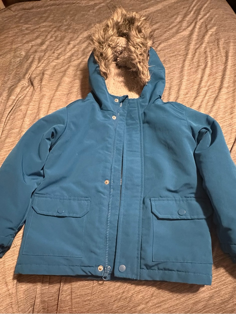 Kids Blue Hooded Winter Jacket with Faux-Fur Trim